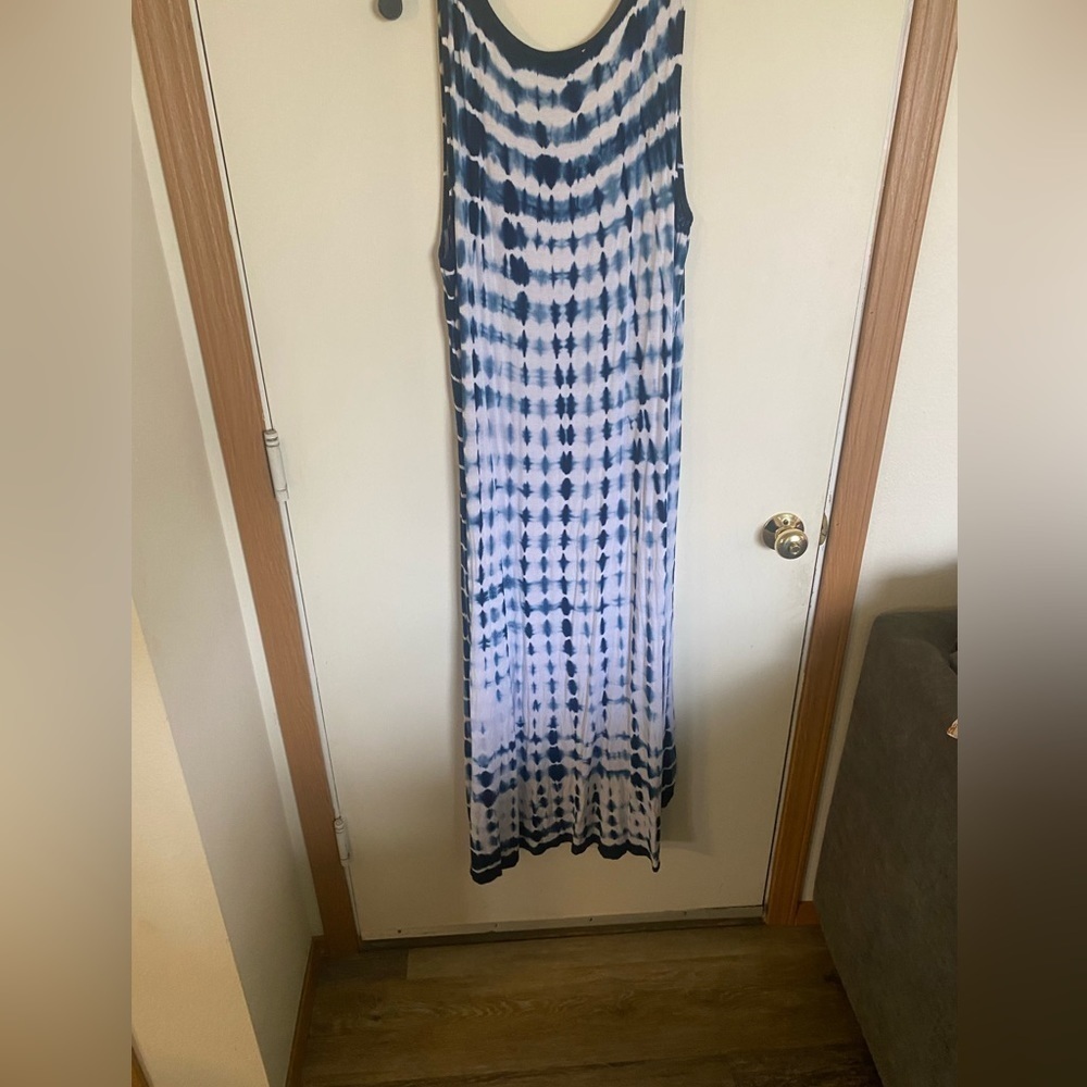Sunday maxi length, high/low tie-dye blue and white dress